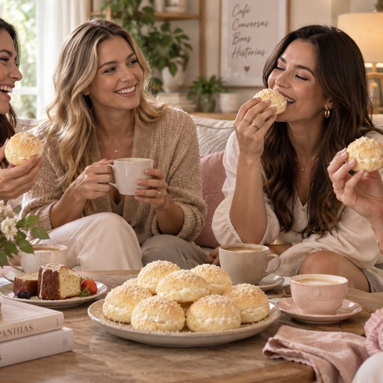 Amigas conversando no sofá com café e pães delícia na mesa