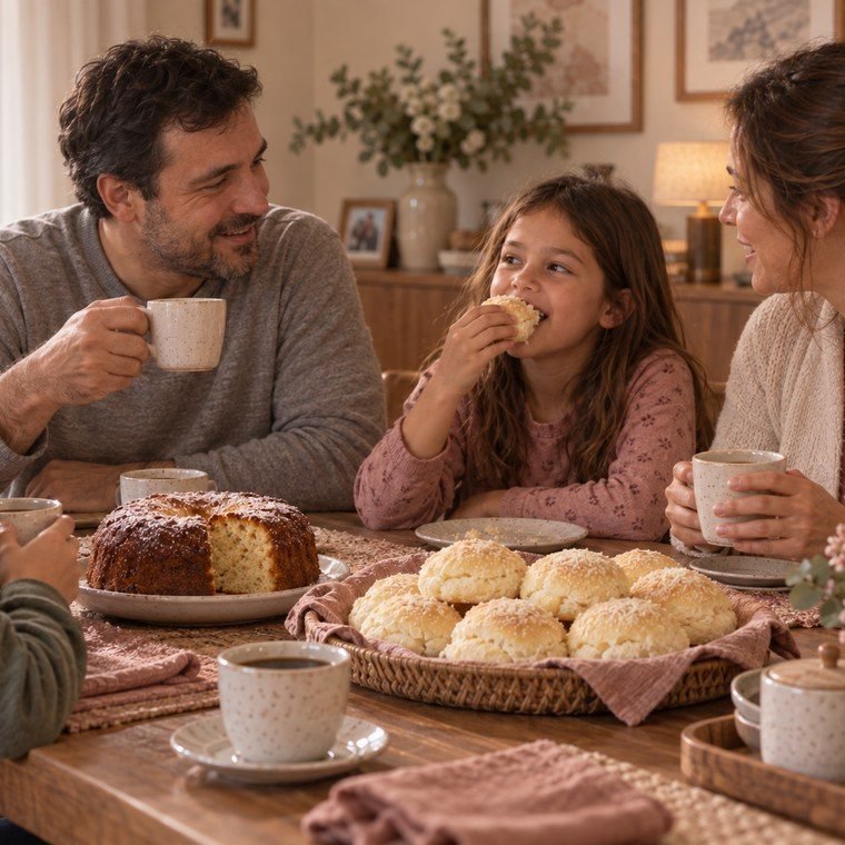Família reunida na mesa tomando café com uma cesta de pão delícia e bolo