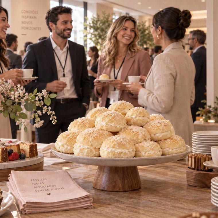 Mesa de coffee break em evento corporativo com um prato de pães delícia