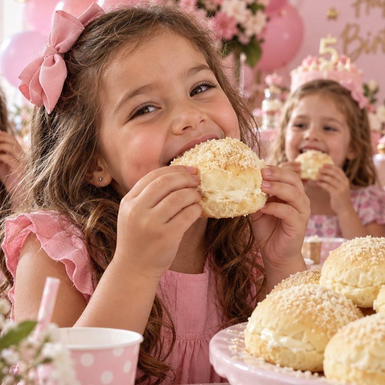 Menina sorrindo enquanto come um pão delícia em uma festa de aniversário