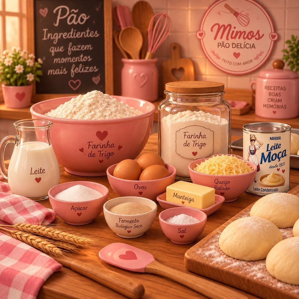 Ingredientes do pão delícia artesanal da Mimos Pão Delícia: farinha de trigo, leite, ovos, manteiga, queijo ralado, açúcar, fermento biológico e sal, com as bolinhas de massa modeladas