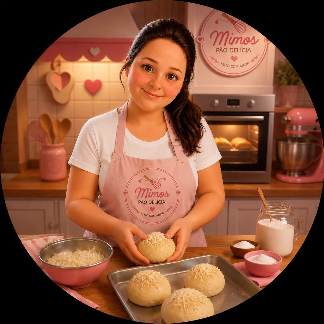 Dona da Mimos Pão Delícia segurando um pão delícia coberto de queijo, com uma assadeira cheia à sua frente
